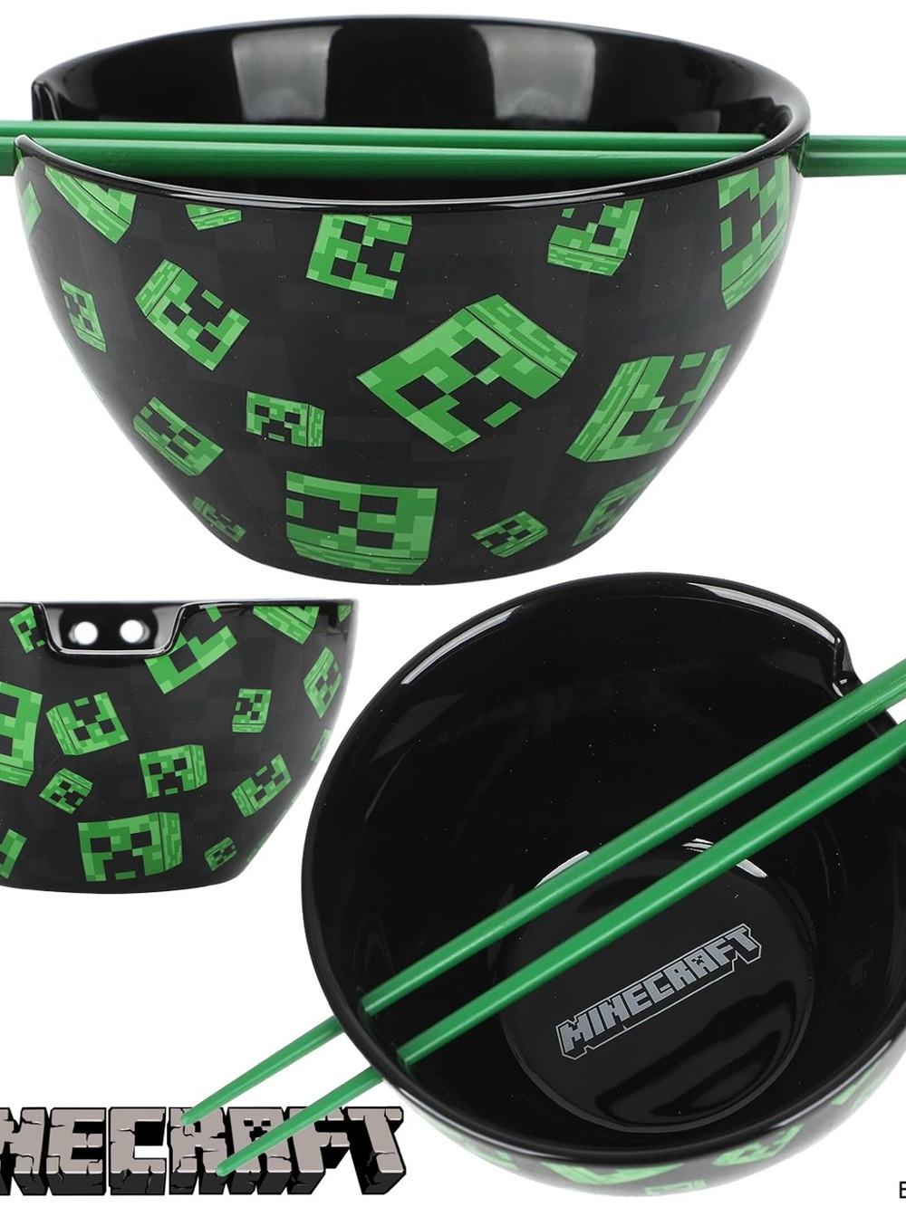 Minecraft Creeper Faces 20 Oz Black Ceramic Ramen Bowl With Plastic Chopsticks